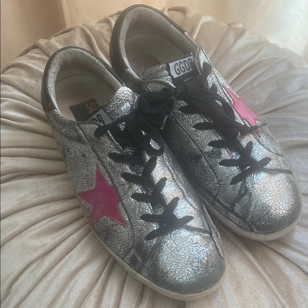 Golden Goose Silver Metallic Sneakers with Pink Star